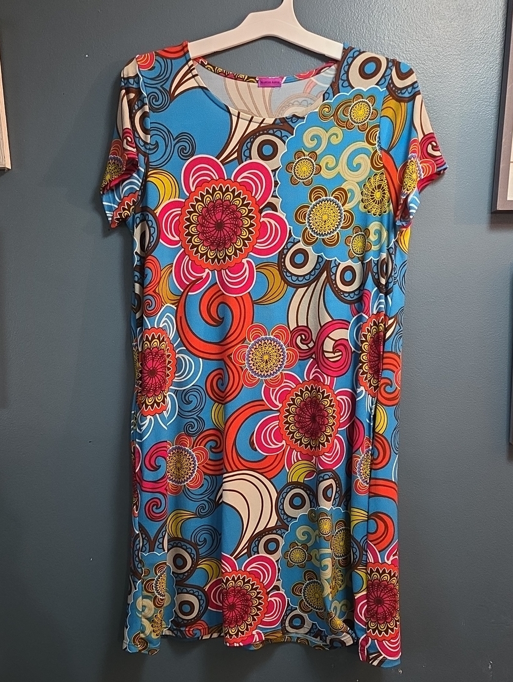Mountain Mamas Colorful Floral Blue A-Line Dress Hippie L/XLK9X